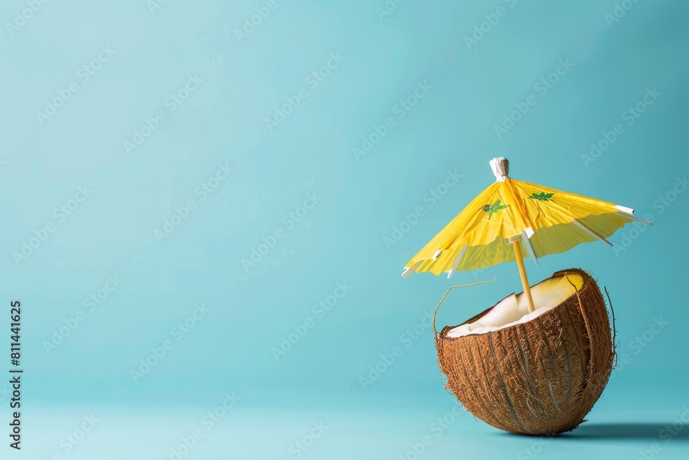 coconut drink cocktail yellow umbrella on blue background on summer coconut drink cocktail yellow umbrella on blue background on summer