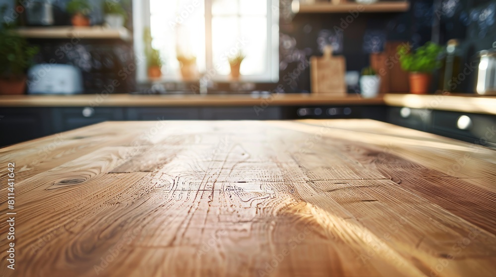 Cozy close-up of a modern Nordic kitchen in a loft apartment, featuring a polished wooden countertop with clean, simple lines Cozy close-up of a modern Nordic kitchen in a loft apartment, featuring a polished wooden countertop with clean, simple lines