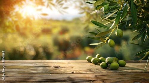 Green olive seeds with leaves on empty wooden table with blurred background.