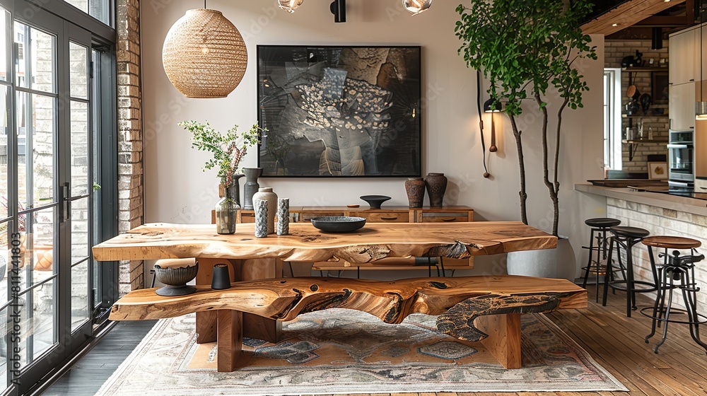 Modern dining room featuring a live edge dining table and a wooden ...