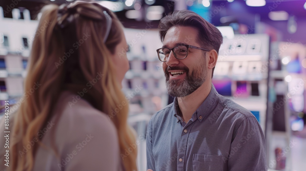 Expert Sales Consultant Assisting Customers with Digital Device Selection in Store - Genuine Smile Focus Expert Sales Consultant Assisting Customers with Digital Device Selection in Store - Genuine Smile Focus