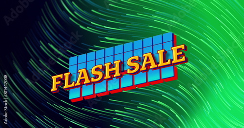 Image of flash sale text on squares and lines moving in spiral pattern over green background