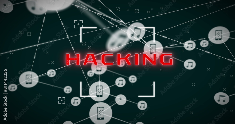 Red HACKING text glowing in center, connected by white lines to icons Red HACKING text glowing in center, connected by white lines to icons