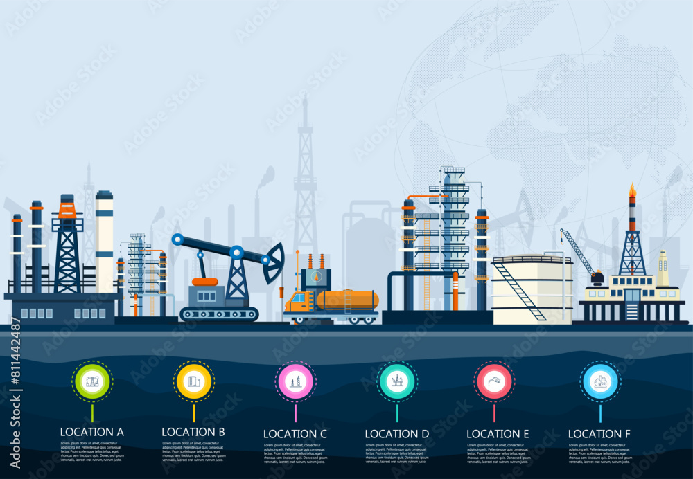 Obraz premium The transportation and petroleum processing industries of oil rigs with Offshore crude extraction, refinery plant, fuel tanker ship and more. Vector illustration eps10