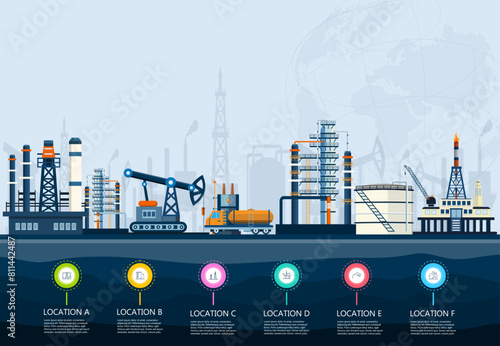The transportation and petroleum processing industries of oil rigs with Offshore crude extraction, refinery plant, fuel tanker ship and more. Vector illustration eps10