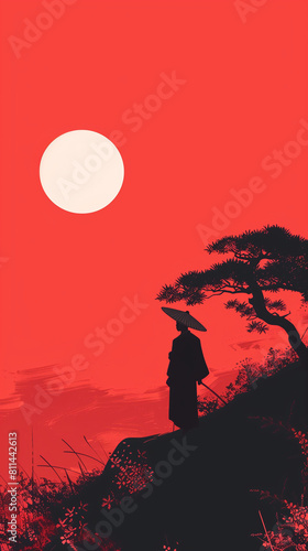 Silhouette of a Traditional Japanese Traveler Under a Full Moon 