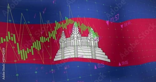 Financial data processing against waving flag of cambodia in background