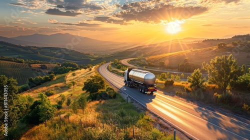 Fuel truck with a silver tank driving through beautiful scenery, sun shining brightly on the picturesque route