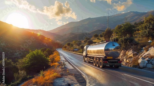 Fuel truck with a silver tank driving through beautiful scenery, sun shining brightly on the picturesque route