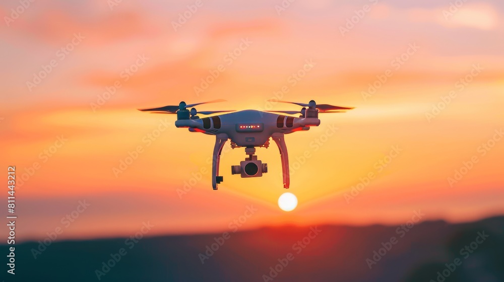 Drone flying against a vivid, clear sky backdrop, its camera visible and body fully lit by bright lighting, showcasing the latest technology Drone flying against a vivid, clear sky backdrop, its camera visible and body fully lit by bright lighting, showcasing the latest technology
