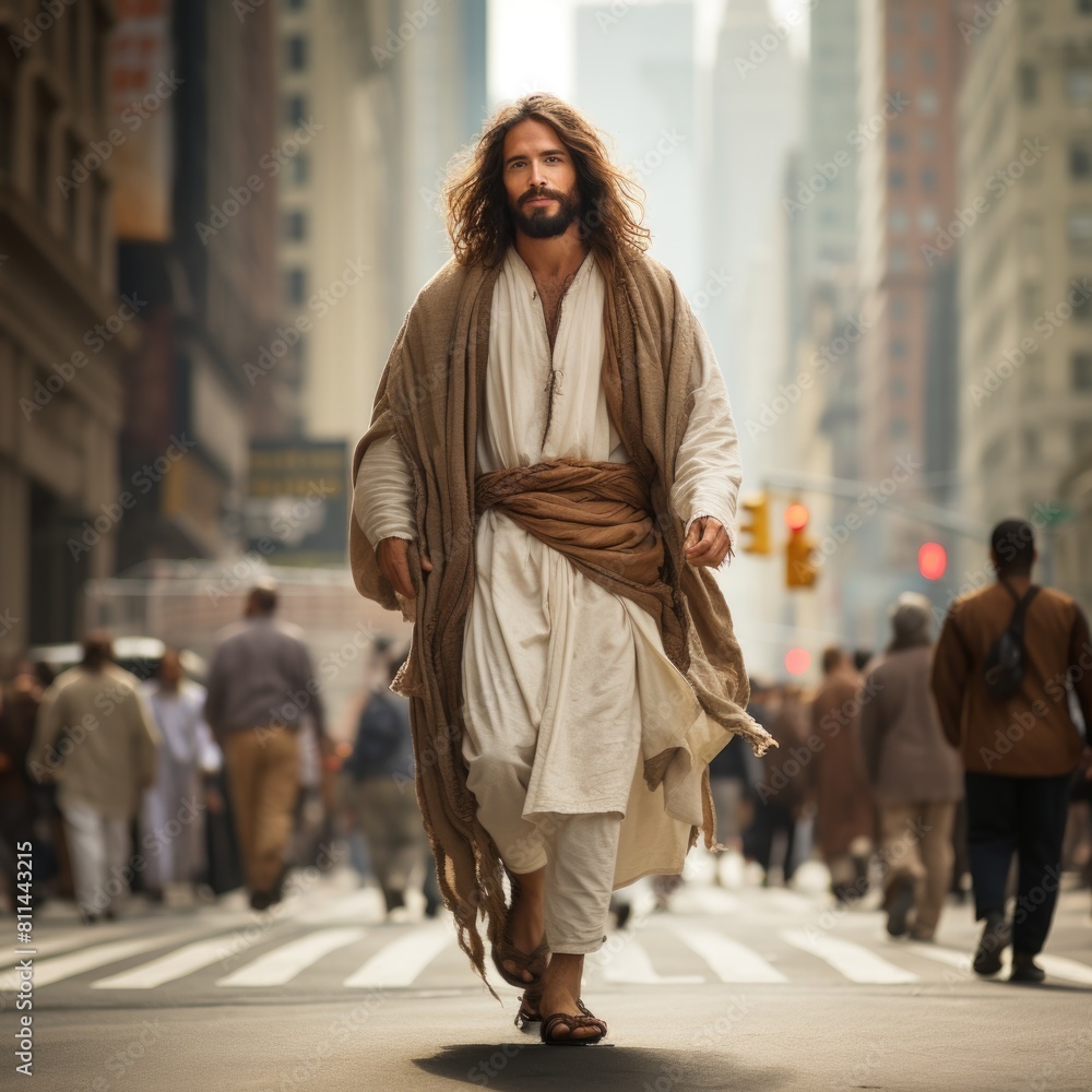 Fototapeta premium Modern city messiah: jesus christ in the heart of today's bustling metropolitan landscape, a symbol of spirituality amidst contemporary urban life