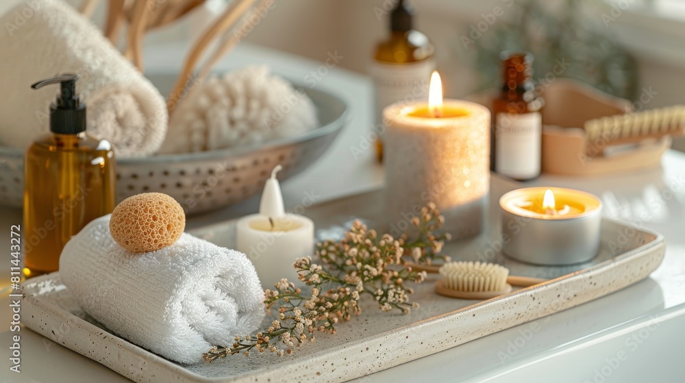 Detailed view of a ceramic tray with home spa supplies: candlelight, bath oil, bath salts, and natural sponge, elegantly arranged in a bathroom setting Detailed view of a ceramic tray with home spa supplies: candlelight, bath oil, bath salts, and natural sponge, elegantly arranged in a bathroom setting