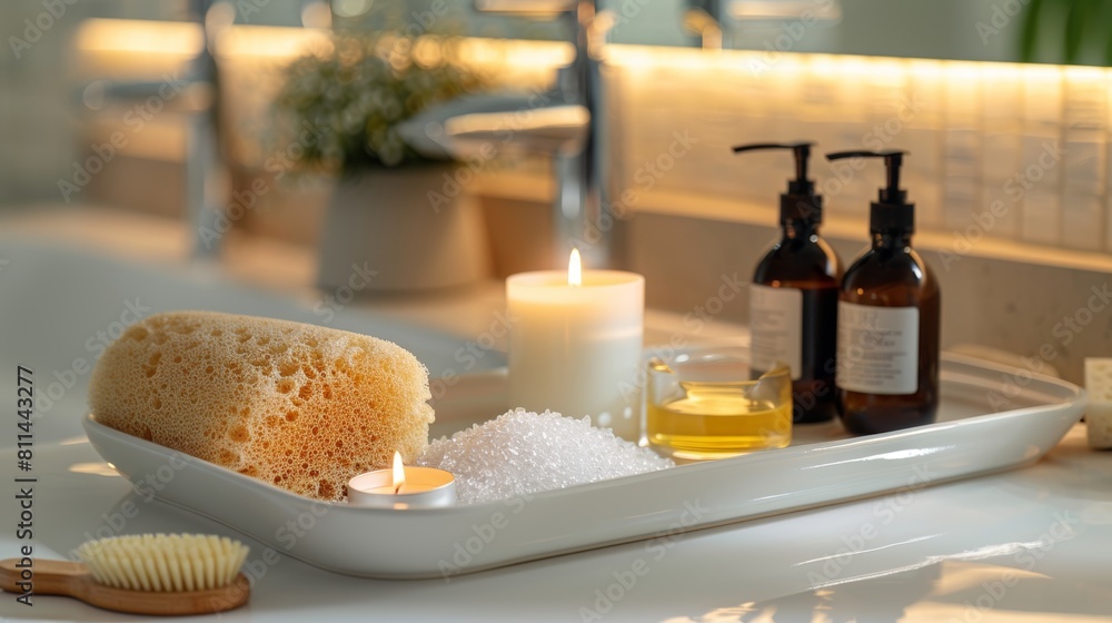 Detailed view of a ceramic tray with home spa supplies: candlelight, bath oil, bath salts, and natural sponge, elegantly arranged in a bathroom setting Detailed view of a ceramic tray with home spa supplies: candlelight, bath oil, bath salts, and natural sponge, elegantly arranged in a bathroom setting