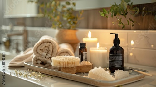 Detailed view of a ceramic tray with home spa supplies: candlelight, bath oil, bath salts, and natural sponge, elegantly arranged in a bathroom setting