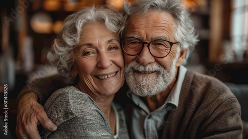 Retired and in Love: Senior Couple Embracing in Happiness at Home - Wide Shot with Depth of Field © hisilly