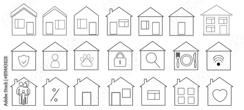 a set of icons for houses, housing, animal shelter, property, cottage, real estate, housing protection, contour symbols of the house, flat vector illustration, logo