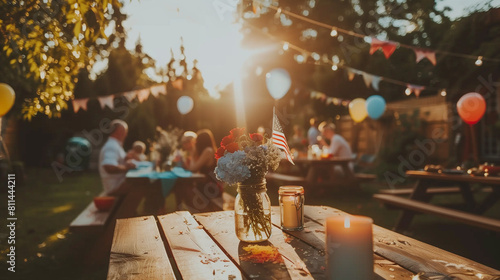 Blue red and white flower bouquet on a picnic table with colorful balloons for fourth of July celebration at the park or backyard
