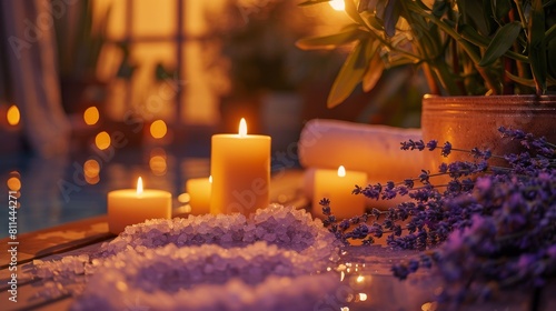 Intimate view of a spiritual bath table adorned with lavender  aroma salts  and glowing candles  highlighting full moon cleansing ritual