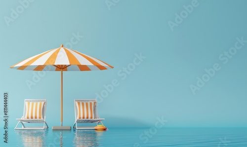 umbrella beach and beach chairs on blue background on summer season concept display 3d render 