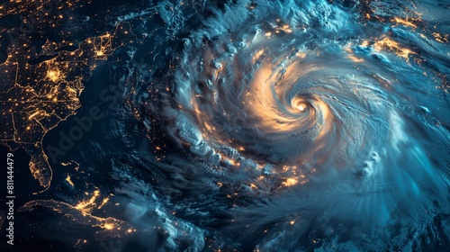 Illuminated satellite shot of a massive hurricane's eye over the Atlantic, emphasizing the powerful swirling cloud patterns