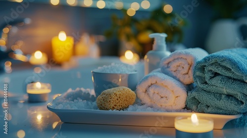 Home spa setup in a bathroom  white ceramic tray with a blue towel  salt soap  bath salts  and natural sponge  all lit by candlelight