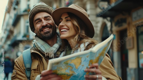 Joyful Sightseeing Couple with Map in City - Fun Honeymoon Travel Concept