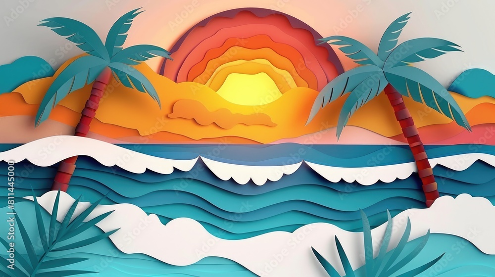 sunset of beach beautiful view for summer background paper cut style sunset of beach beautiful view for summer background paper cut style