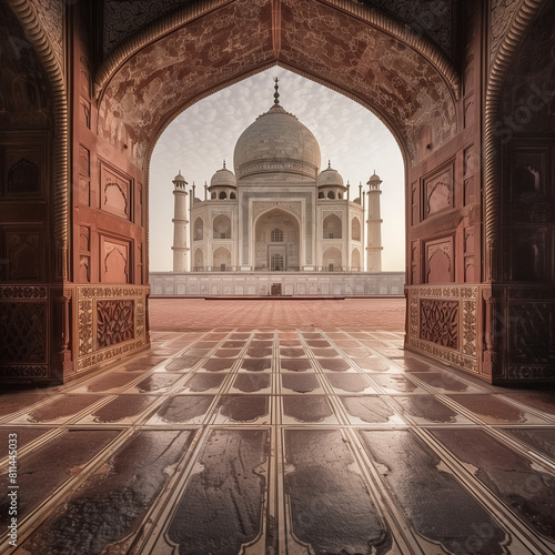 Sunrise View of Taj Mahal from Archway in Agra, India