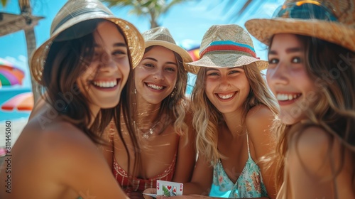Fun in the Sun: Young Friends Playing Cards at Summer Beach Vacation - Genuine Smiles, Wide Shot, Depth of Field