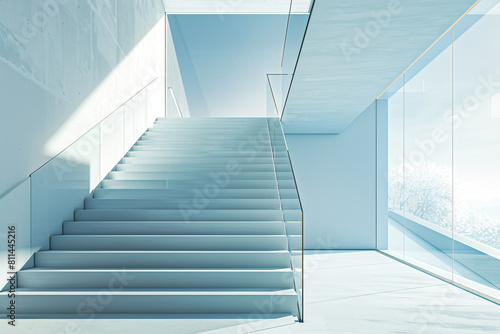  Sleek cantilever staircase in a minimalist setting  ice blue with a glass side railing. 
