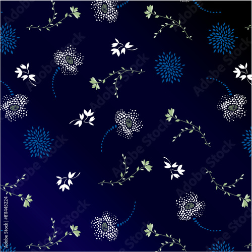  Flowers and leaves pattern with floating scattered buds on background