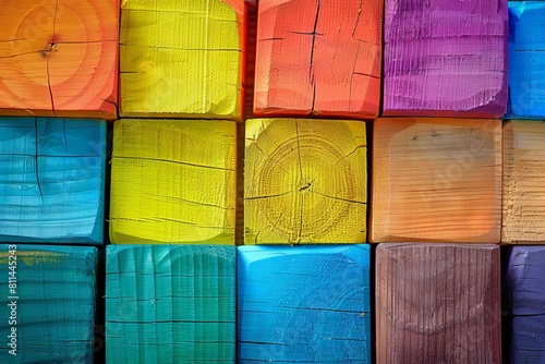 vibrant spectrum of colorful wooden blocks arranged in a row abstract background