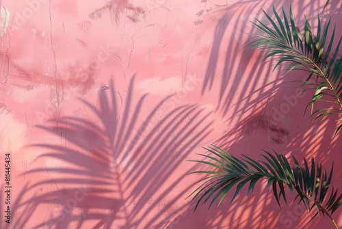 abstract pink wall with palm leaf shadows minimal spring and summer background digital painting © furyon