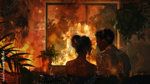 Couple is shown in a painting with a fire in the background