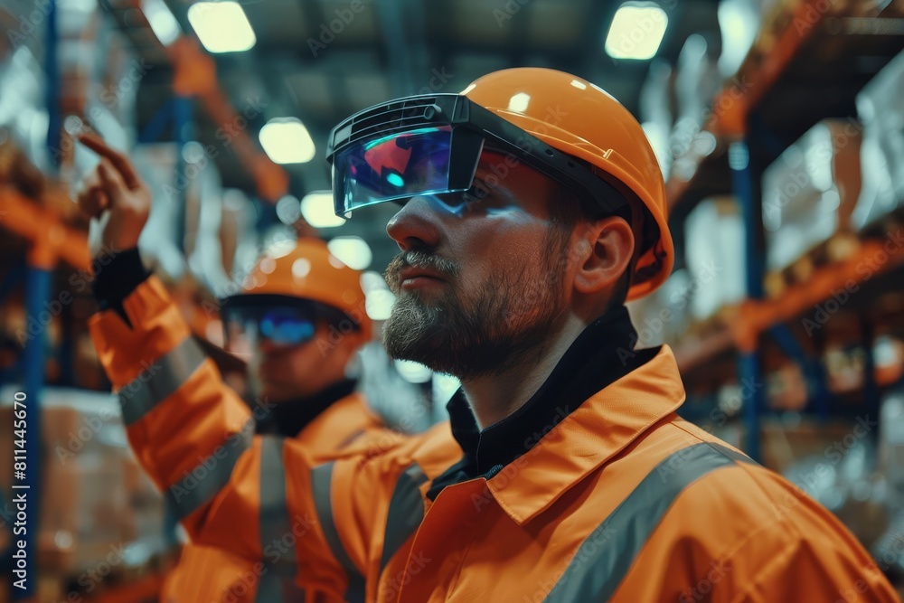augmented reality warehouse workers using ar glasses for efficient order picking and navigation futuristic concept augmented reality warehouse workers using ar glasses for efficient order picking and navigation futuristic concept