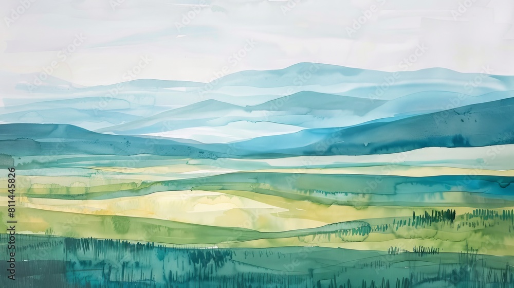 Artistic watercolor painting of a spring meadow with distant hills, the layers of greens and blues blending seamlessly