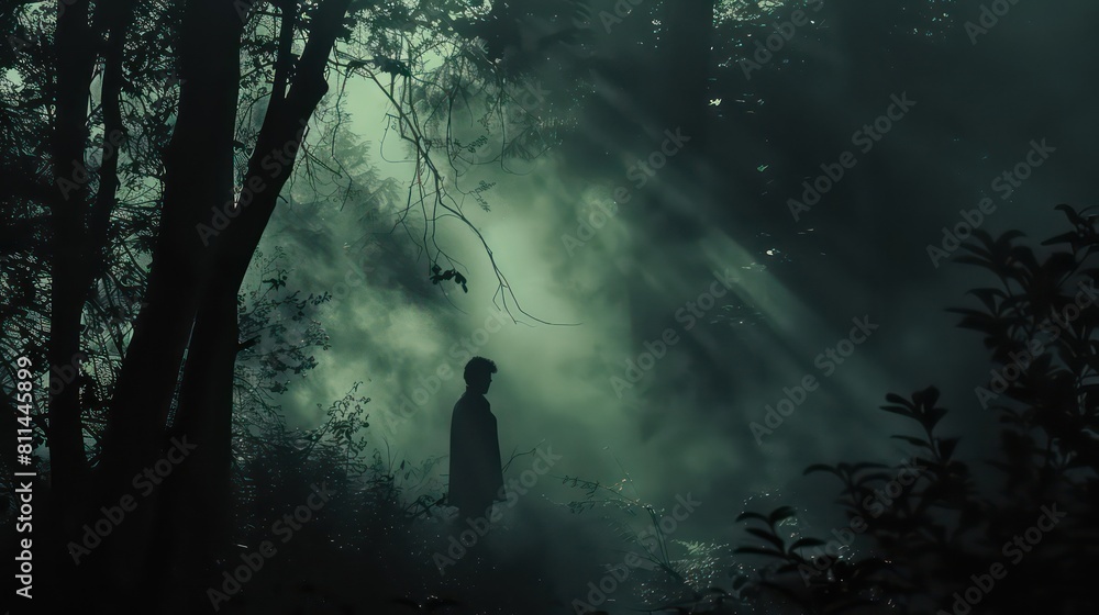 Spooky forest scene with man silhouette and dark fog Spooky forest scene with man silhouette and dark fog