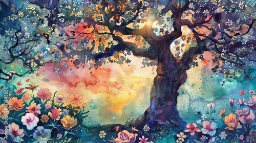 Artistic watercolor scene of a big tree surrounded by blooming flowers  the colorful twilight sky reflecting off leaves and petals