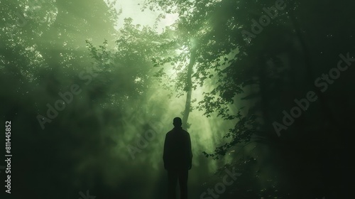 Spooky forest scene with man silhouette and dark fog