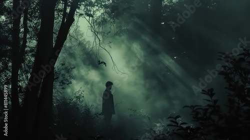 Spooky forest scene with man silhouette and dark fog