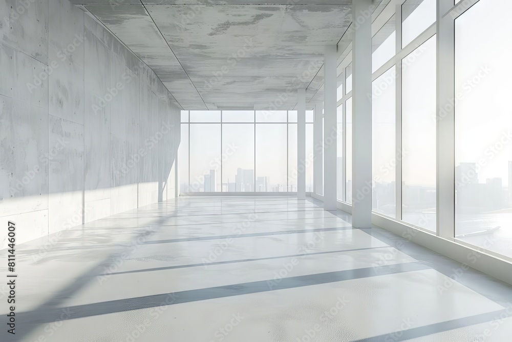 bright empty concrete interior with mockup space on wall and panoramic windows modern 3d rendering bright empty concrete interior with mockup space on wall and panoramic windows modern 3d rendering