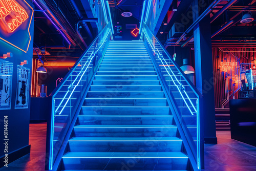 "Bright blue geometric staircase at a tech startup entrance, flanked by neon tech signs."