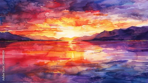 Artistic watercolor capturing the vibrant hues of a sunset sky, reds and golds reflecting off a distant horizon in a picturesque scene © Alpha