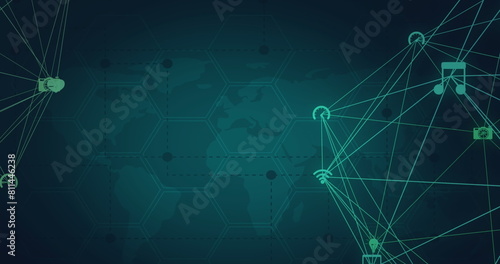 Image of network of connections with icons over world map on green background