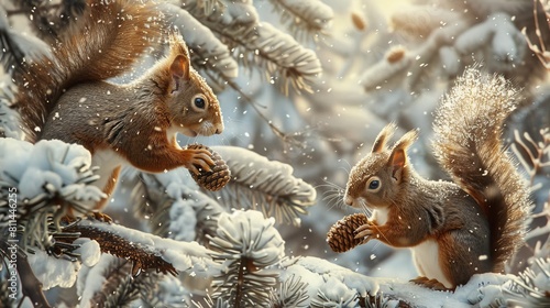 A squirrel family gathering pine cones among frost-covered trees, the intricate details of the snowflakes and the warm hues of their fur painting a picture of life thriving in the cold. photo