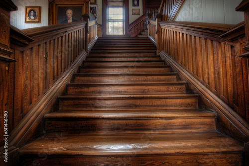  Ancient wooden staircase in a colonial house  echoing with history and lined with portraits. 