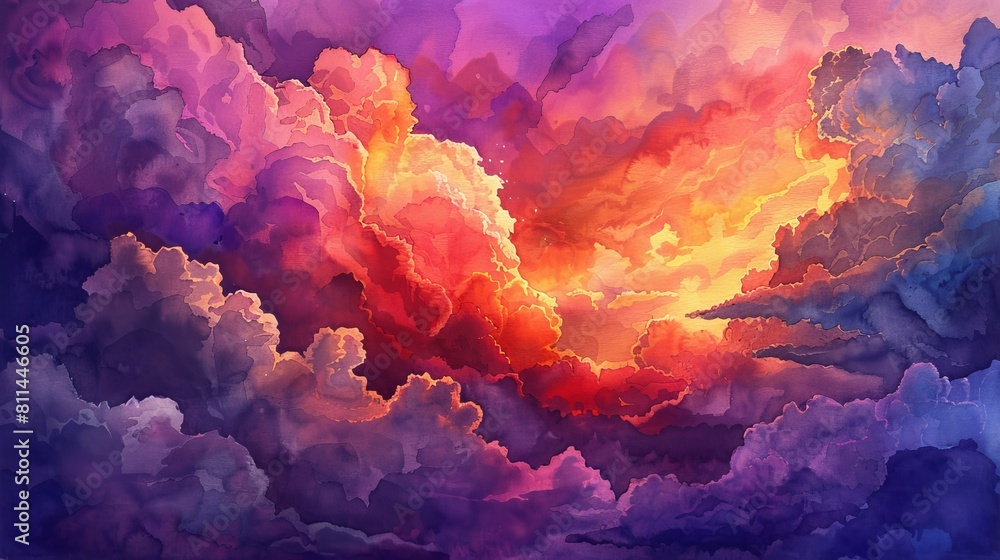 Fototapeta premium Artistic watercolor of large, fluffy clouds lit by the last rays of sunset, the sky blending deep purples and reds to create a dramatic, miraculous effect