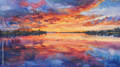 Artistic watercolor of the sky reflecting on a serene lake at sunset, vivid oranges and pinks giving a picturesque finish