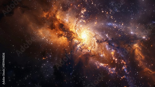 A striking image of the galaxy core, ablaze with a myriad of stars, swirling in a dance of cosmic light and color, the surrounding darkness accentuating its radiant intensity. photo