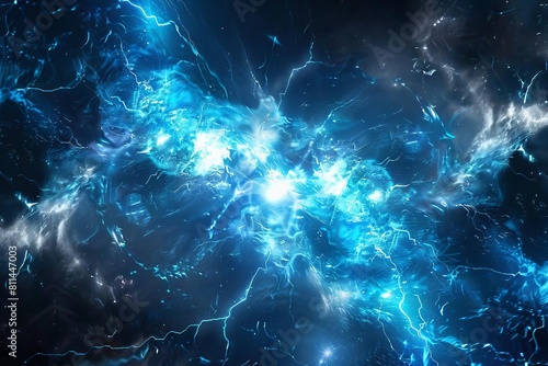 cosmic blue nebula with lightning and quantum fractal energy abstract explosion